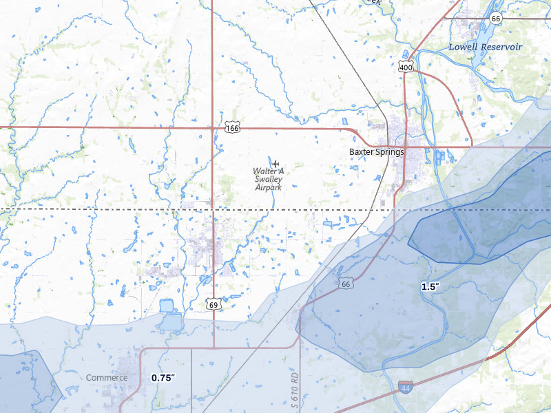 NEXRAD radar-signature map of the hail over Baxter Springs, KS