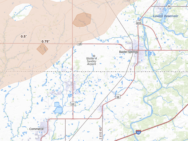 Radar-estimated hail-size map of the storm over Baxter Springs, KS