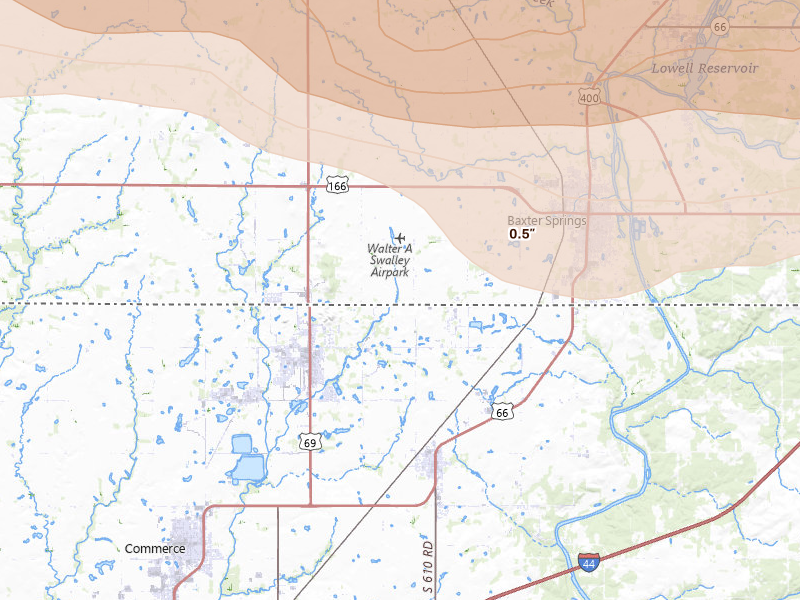 Radar-estimated hail-size map of the storm over Baxter Springs, KS on Apr 26, 2026