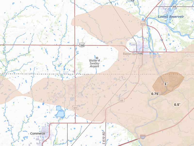 Radar-estimated hail-size map of the storm over Baxter Springs, KS on Jun 7, 2026