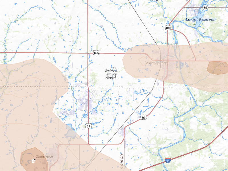 Radar-estimated hail-size map of the storm over Baxter Springs, KS on Jun 11, 2026