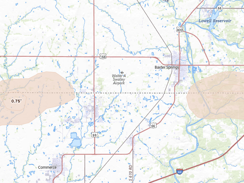 Radar-estimated hail-size map of the storm over Baxter Springs, KS
