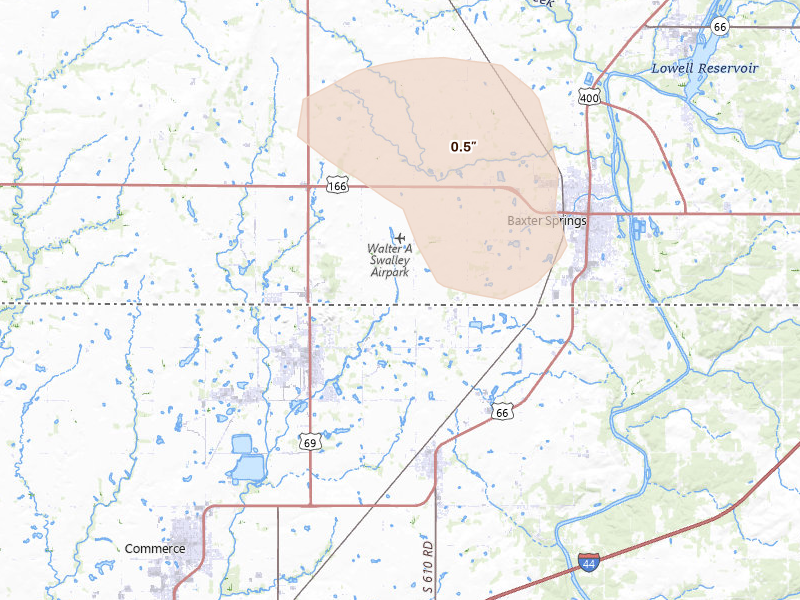 Radar-estimated hail-size map of the storm over Baxter Springs, KS on Jun 26, 2026