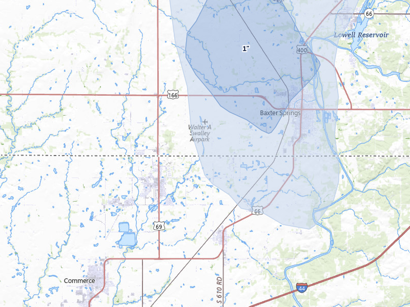 NEXRAD radar-signature map of the hail storm over Baxter Springs, KS on Jun 26, 2026