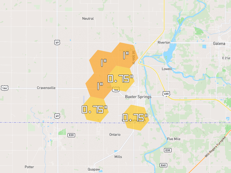 Hail map of Baxter Springs, KS on Jun 27, 2026, hail up to 1"