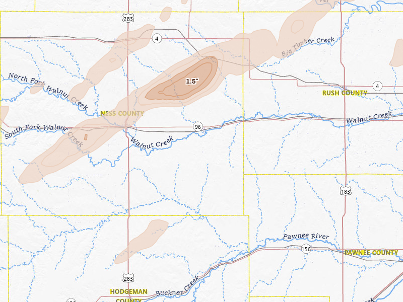 Radar-estimated hail-size map of the storm over Bazine, KS on Apr 26, 2026