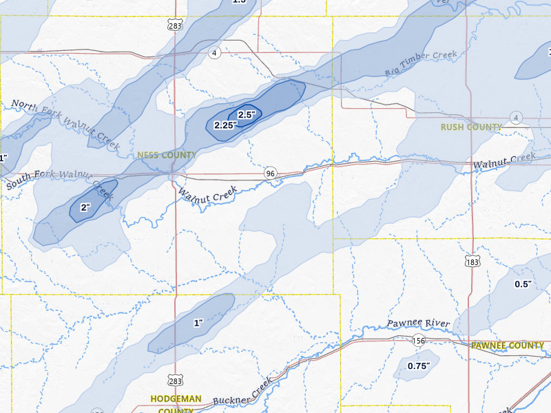 NEXRAD radar-signature map of the hail over Bazine, KS