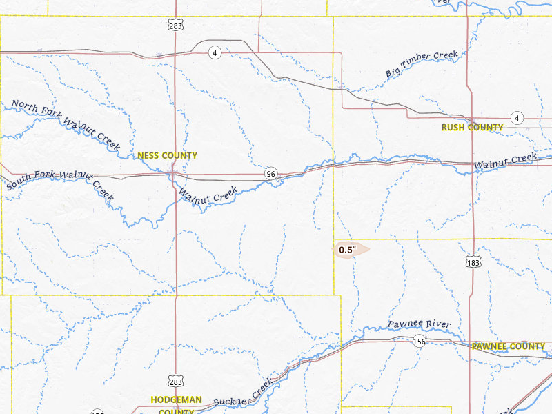 Radar-estimated hail-size map of the storm over Bazine, KS on May 9, 2026