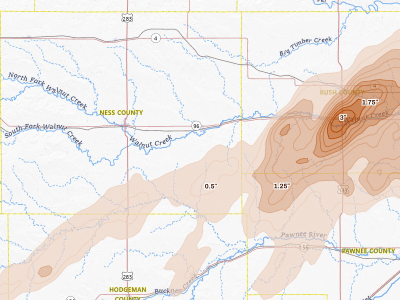 Radar-estimated hail-size map of the storm over Bazine, KS on May 17, 2026