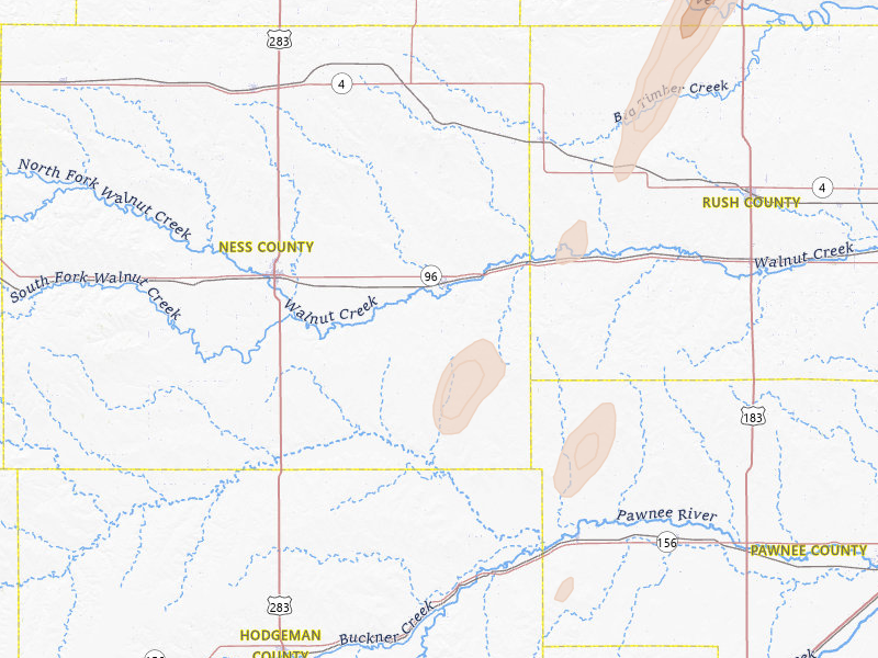 Radar-estimated hail-size map of the storm over Bazine, KS on May 29, 2026