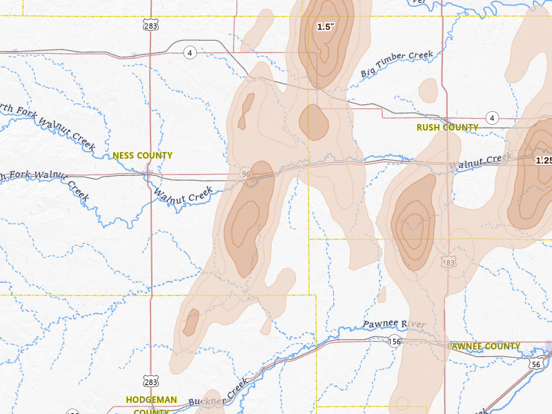Radar-estimated hail-size map of the storm over Bazine, KS on May 30, 2026