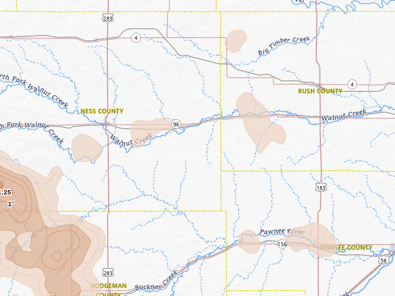 Radar-estimated hail-size map of the storm over Bazine, KS on Jun 1, 2026