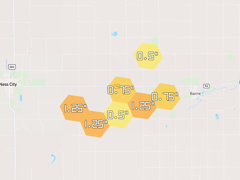 Hail map of Bazine, KS on Jun 2, 2026, hail up to 1.25"