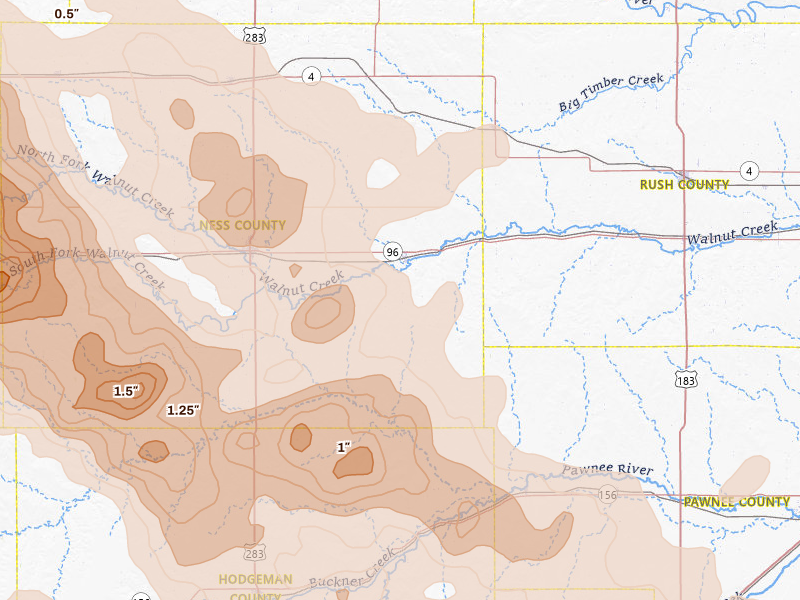 Radar-estimated hail-size map of the storm over Bazine, KS on Jun 20, 2026
