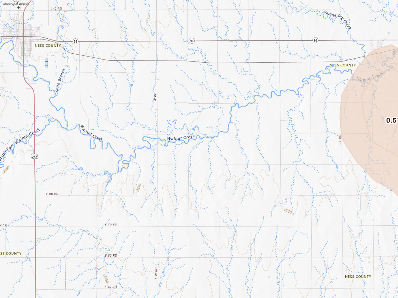 Radar-estimated hail-size map of the storm over Bazine, KS on Sep 5, 2026