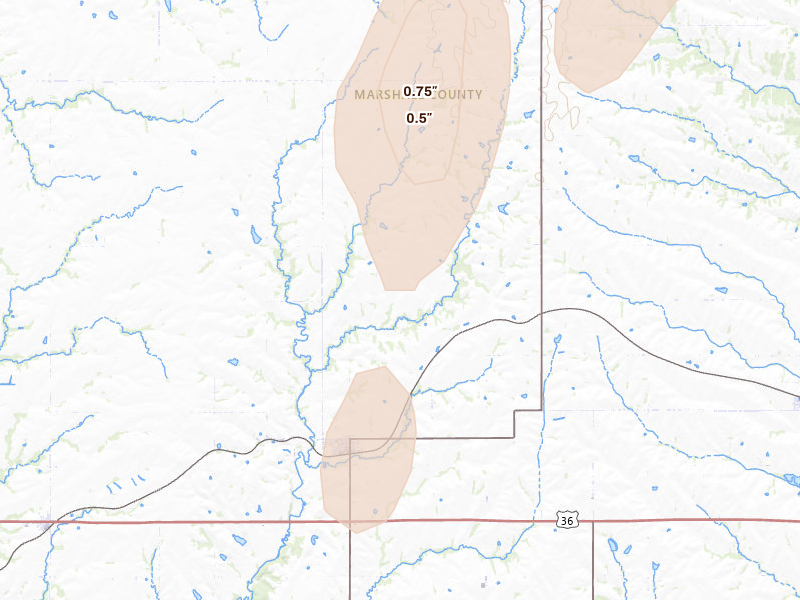 Radar-estimated hail-size map of the storm over Beattie, KS on May 16, 2026