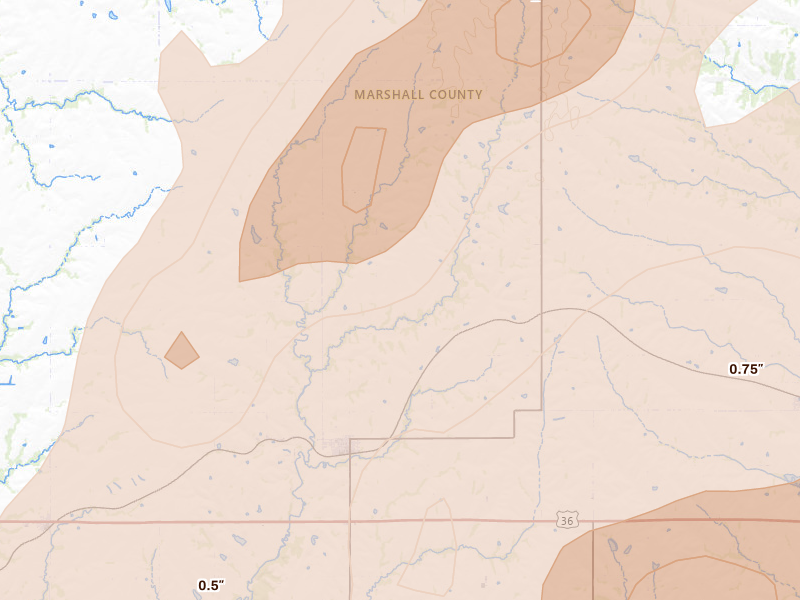 Radar-estimated hail-size map of the storm over Beattie, KS on May 18, 2026