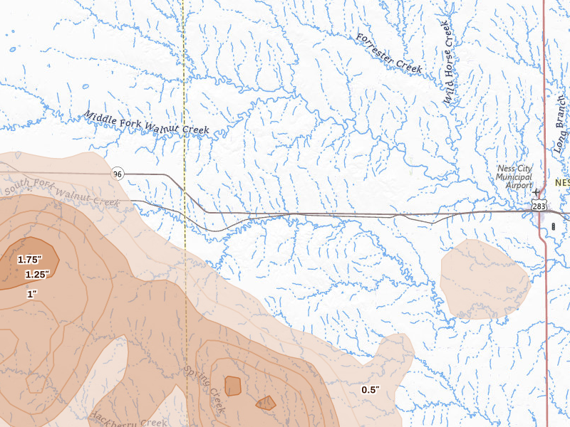 Radar-estimated hail-size map of the storm over Beeler, KS on Jun 1, 2026