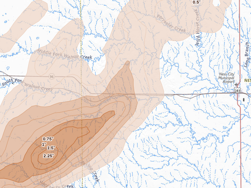 Radar-estimated hail-size map of the storm over Beeler, KS on Jun 9, 2026