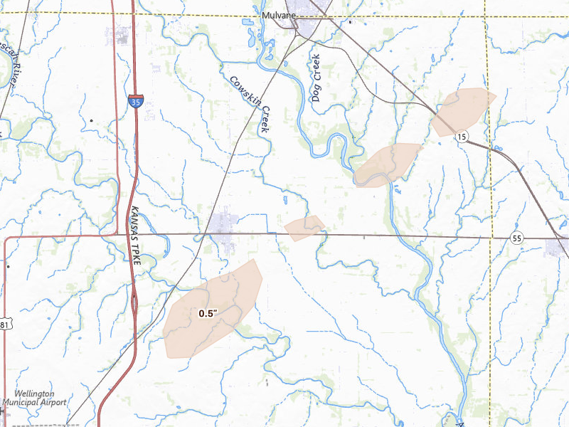 Radar-estimated hail-size map of the storm over Belle Plaine, KS on Apr 3, 2026