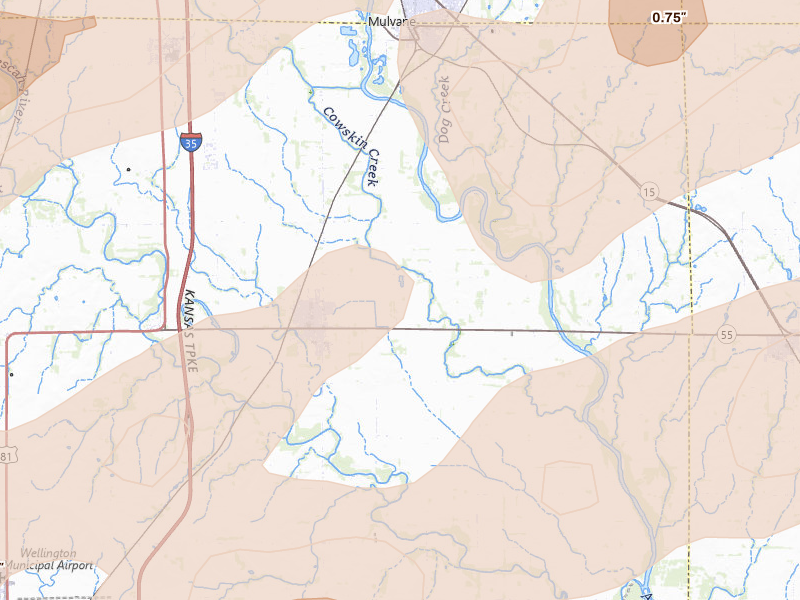 Radar-estimated hail-size map of the storm over Belle Plaine, KS on Apr 17, 2026