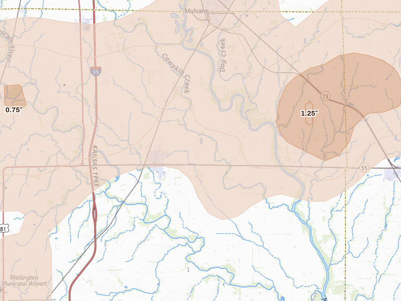 Radar-estimated hail-size map of the storm over Belle Plaine, KS on May 18, 2026