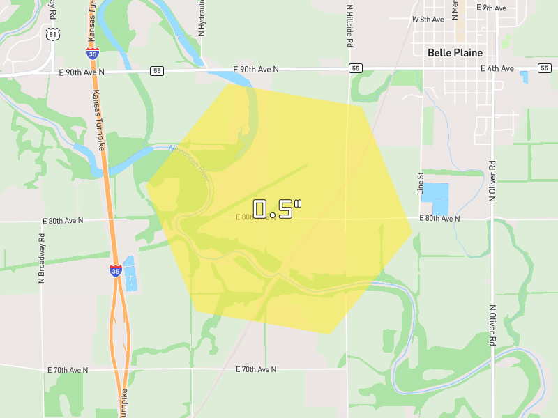 Hail map of Belle Plaine, KS on Jun 1, 2026, hail up to 0.5"