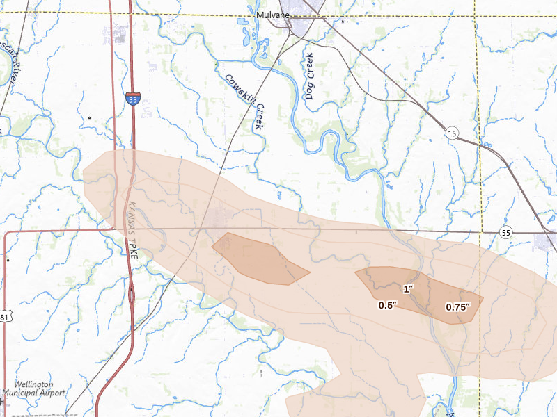 Radar-estimated hail-size map of the storm over Belle Plaine, KS on Jun 18, 2026