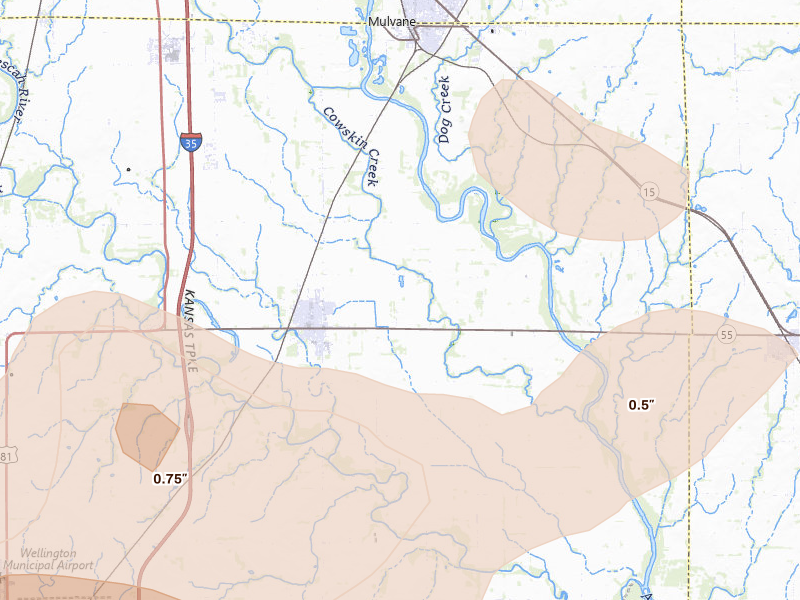 Radar-estimated hail-size map of the storm over Belle Plaine, KS on Jul 4, 2026