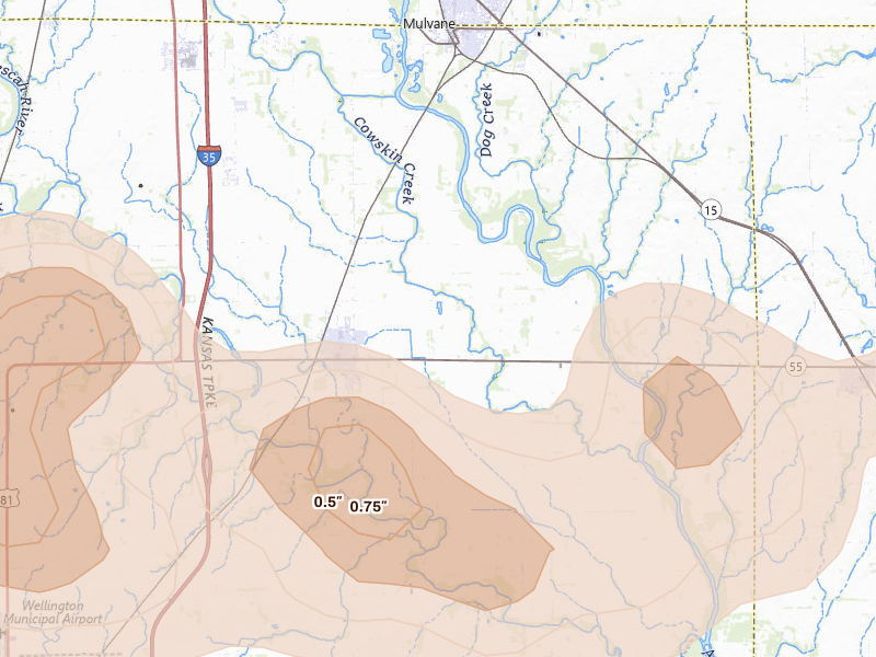 Radar-estimated hail-size map of the storm over Belle Plaine, KS on Jul 9, 2026