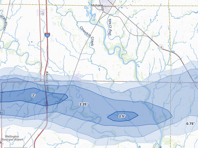 NEXRAD radar-signature map of the hail storm over Belle Plaine, KS on Jul 9, 2026