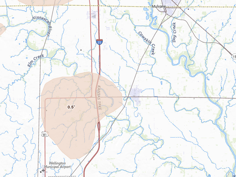 Radar-estimated hail-size map of the storm over Belle Plaine, KS on Aug 6, 2026