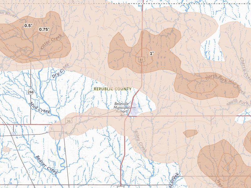 Radar-estimated hail-size map of the storm over Belleville, KS on Apr 9, 2026