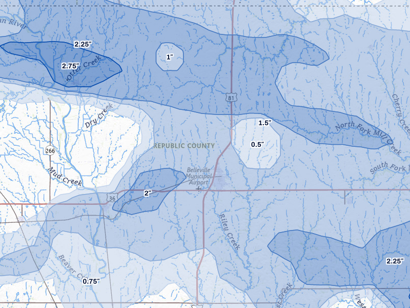 NEXRAD radar-signature map of the hail storm over Belleville, KS on Apr 9, 2026