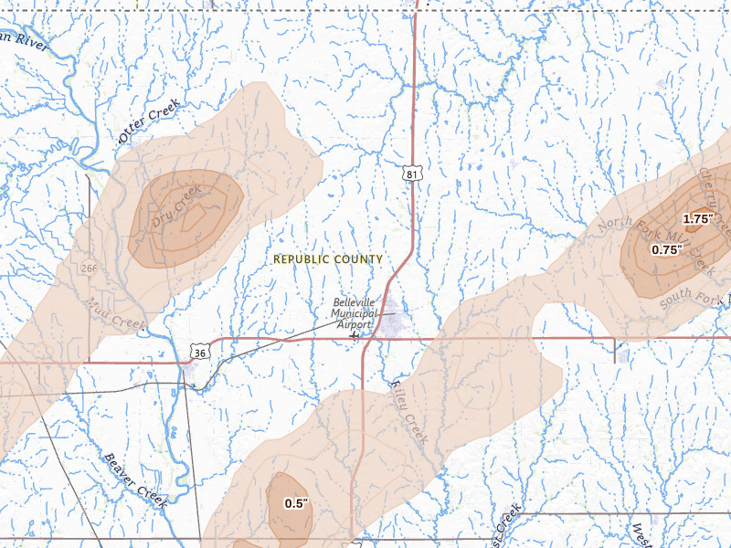 Radar-estimated hail-size map of the storm over Belleville, KS on Apr 11, 2026