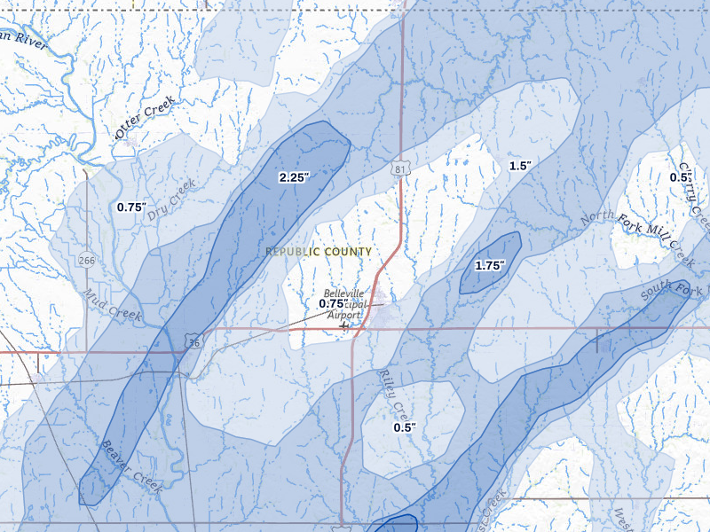 NEXRAD radar-signature map of the hail storm over Belleville, KS on May 18, 2026