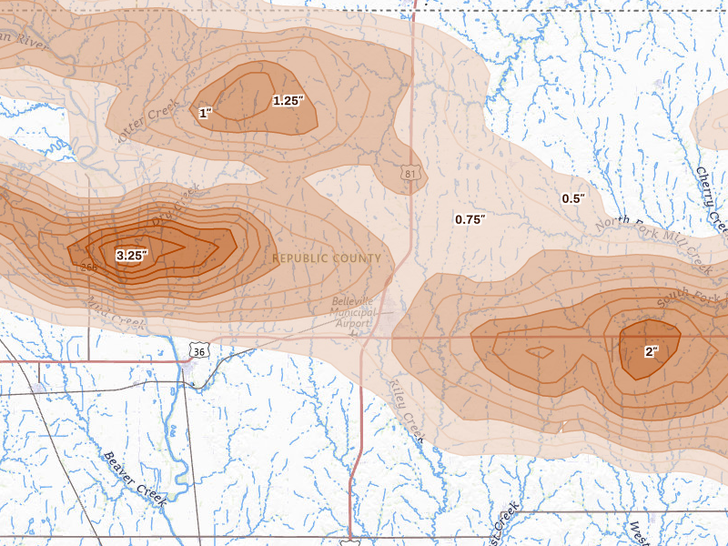 Radar-estimated hail-size map of the storm over Belleville, KS