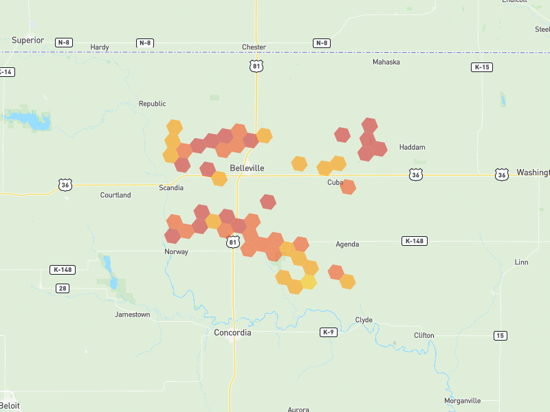 Hail map of Belleville, KS on Jul 4, 2026, hail up to 2.5"