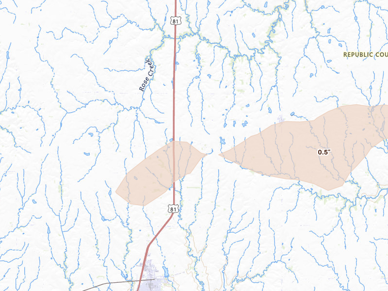 Radar-estimated hail-size map of the storm over Belleville, KS on Aug 14, 2026