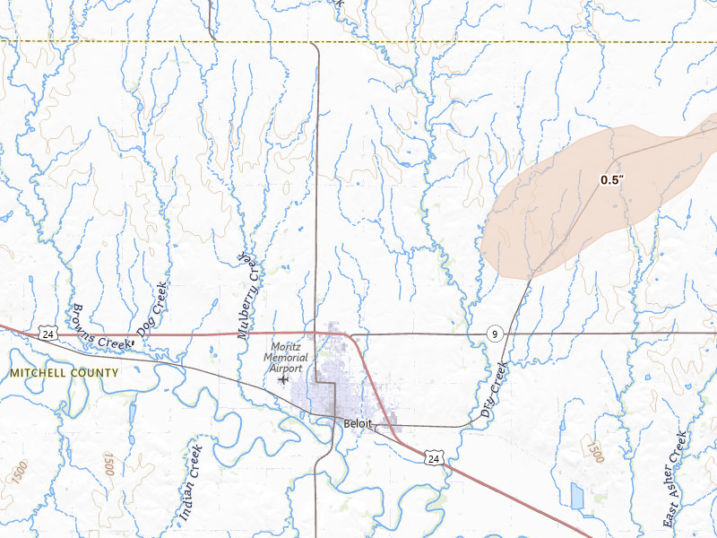 Radar-estimated hail-size map of the storm over Beloit, KS on Apr 10, 2026