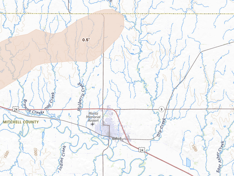 Radar-estimated hail-size map of the storm over Beloit, KS on Apr 25, 2026