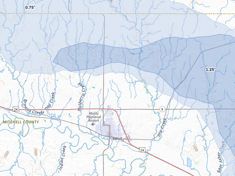 NEXRAD radar-signature map of the hail storm over Beloit, KS on May 16, 2026