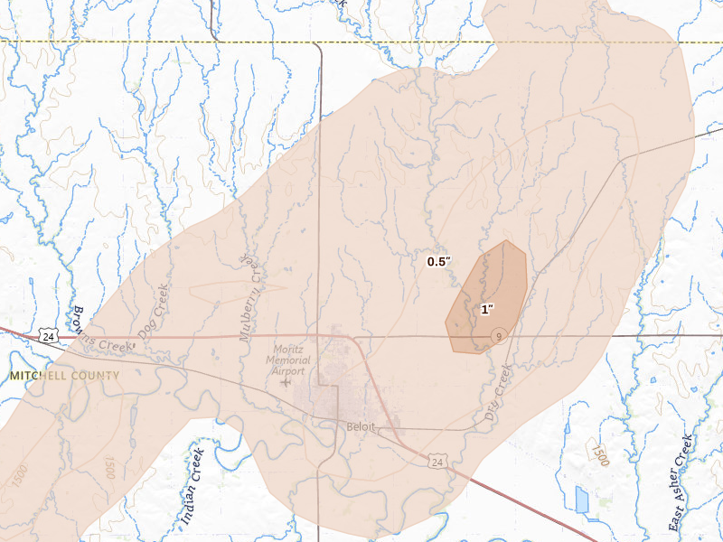 Radar-estimated hail-size map of the storm over Beloit, KS on May 17, 2026