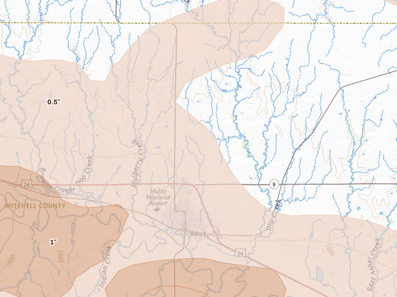 Radar-estimated hail-size map of the storm over Beloit, KS on Jun 8, 2026