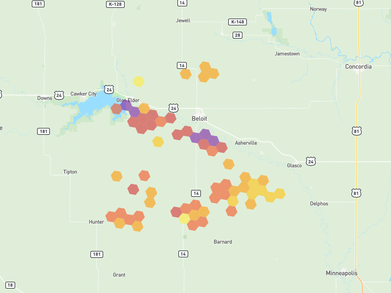 Hail map of Beloit, KS on Jun 9, 2026, hail up to 3.75"