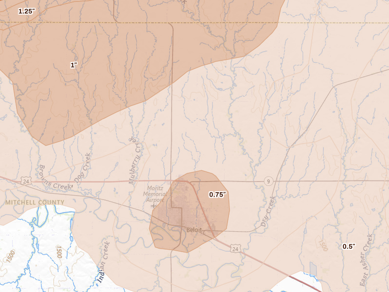 Radar-estimated hail-size map of the storm over Beloit, KS on Jul 3, 2026