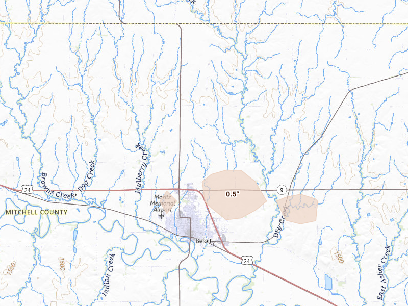 Radar-estimated hail-size map of the storm over Beloit, KS on Jul 30, 2026