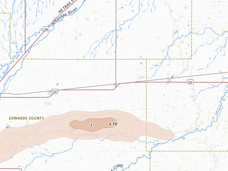 Radar-estimated hail-size map of the storm over Belpre, KS on Apr 9, 2026