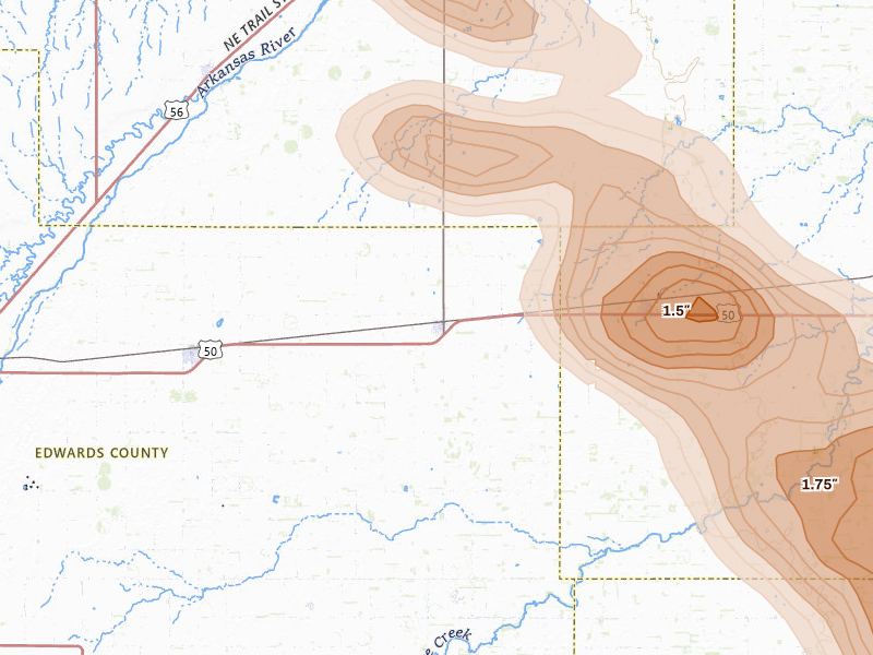 Radar-estimated hail-size map of the storm over Belpre, KS on Apr 25, 2026
