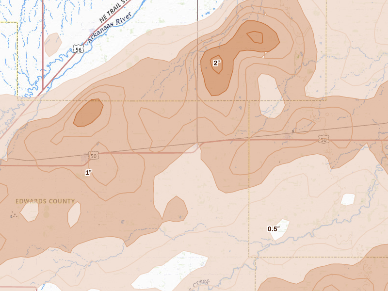 Radar-estimated hail-size map of the storm over Belpre, KS on May 18, 2026